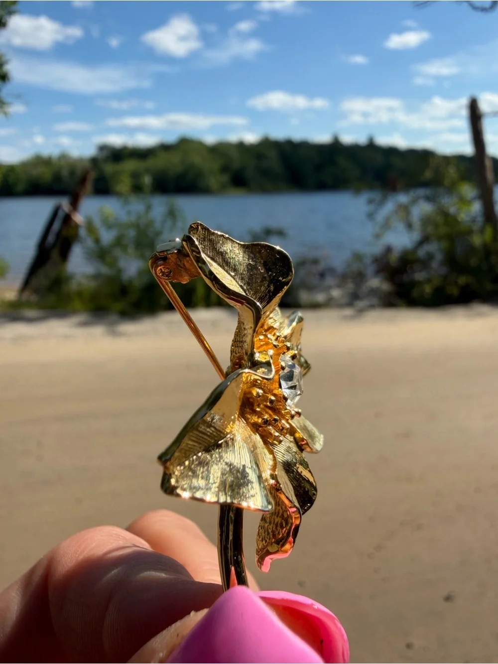 Gold Flower Brooch with Clear Crystal Center - New View